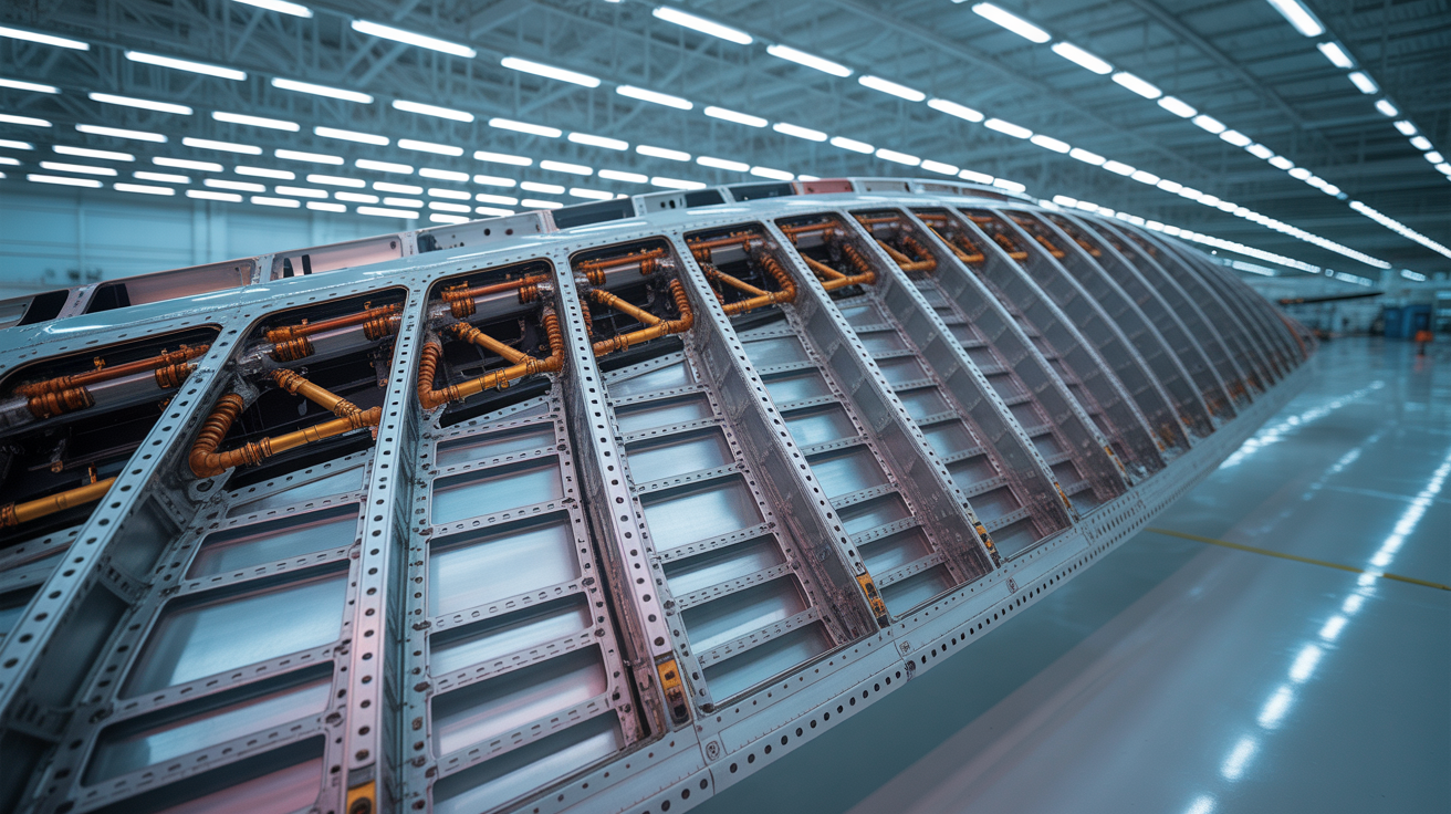 Aircraft wing assembly showing exposed ribs, spars and hydraulic lines in aerospace facility