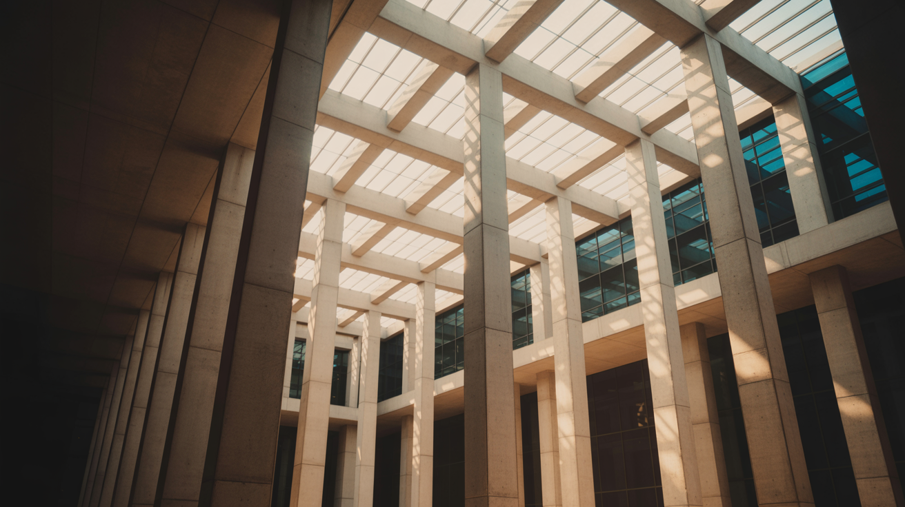 Grand modern architectural atrium with soaring concrete columns and dramatic natural light