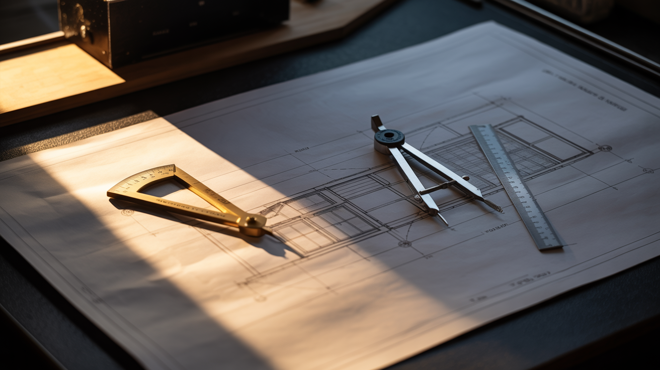 Architectural blueprint drawings with precision drafting tools and warm side lighting