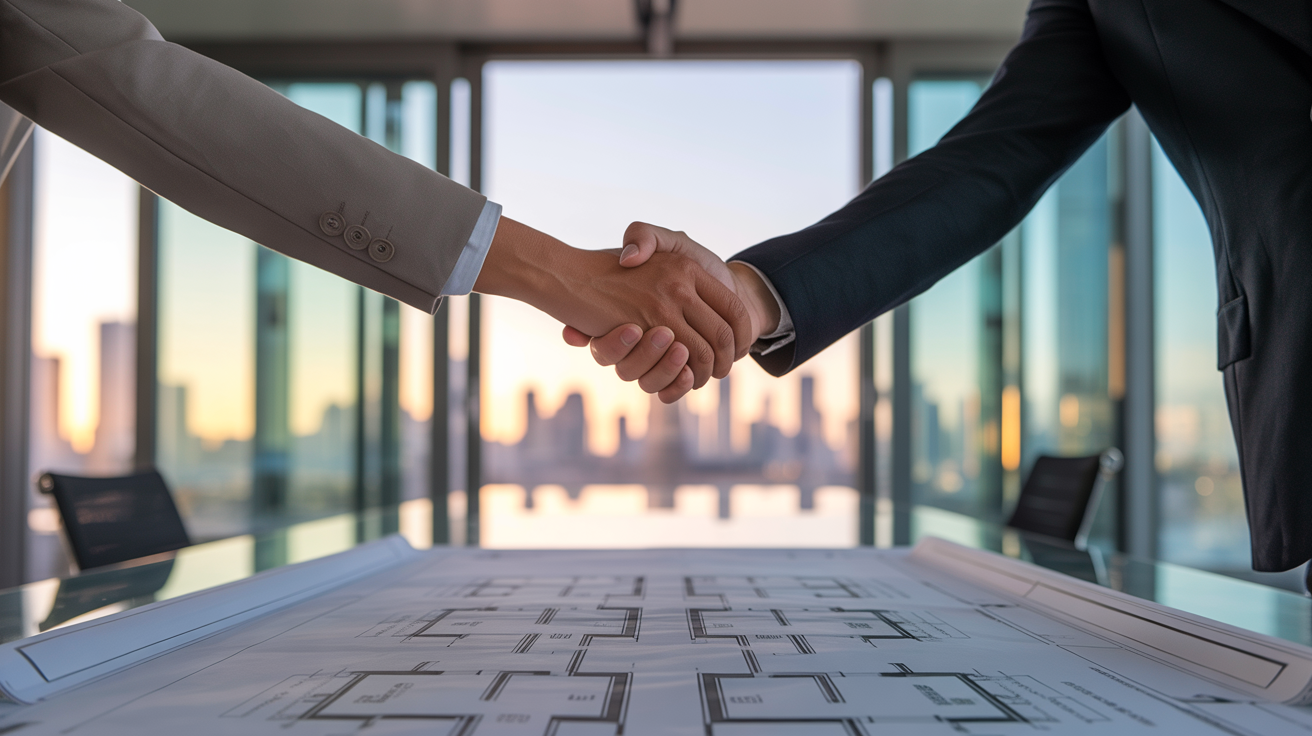 Professional handshake over architectural plans in a modern office with city skyline views