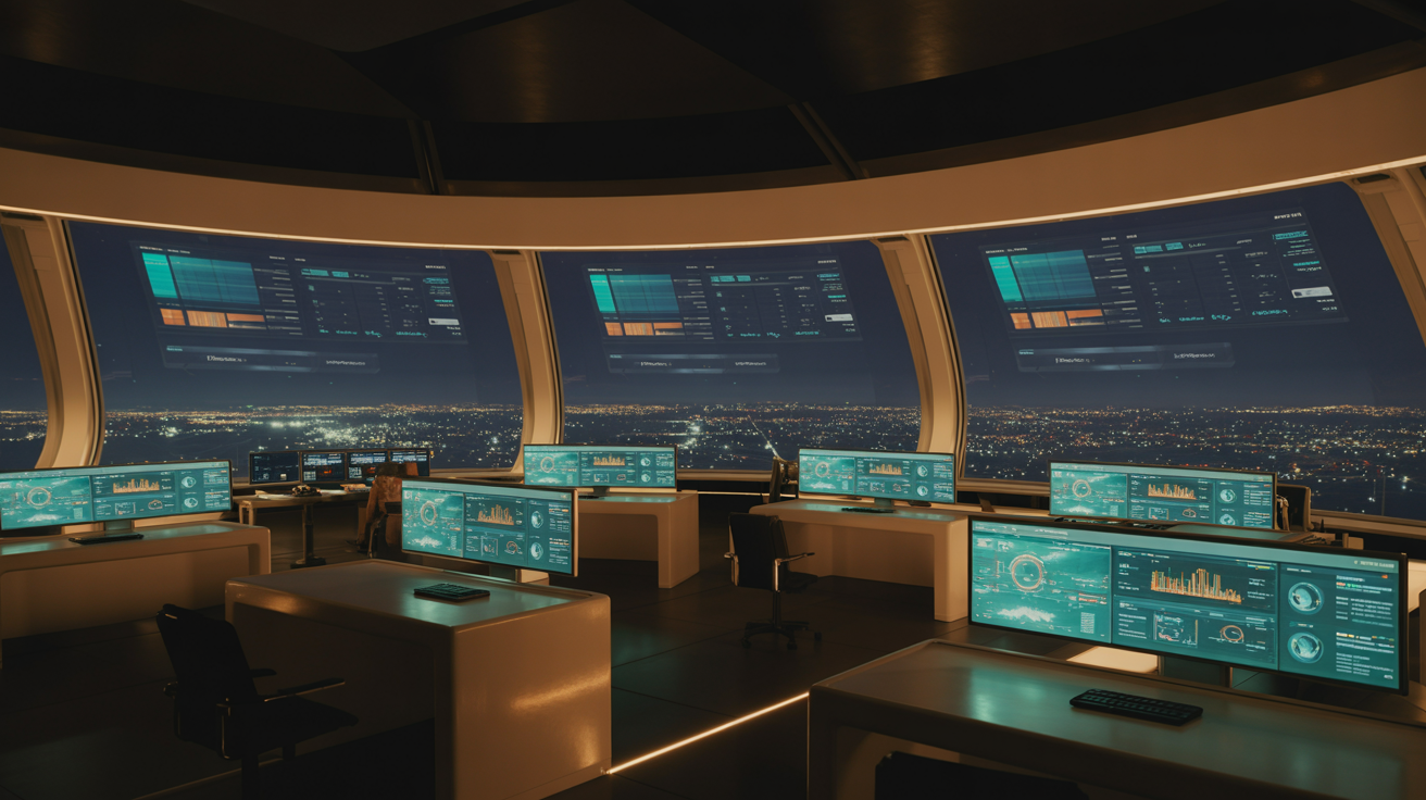 Modern observatory control room at night with panoramic windows overlooking a city of lights and data dashboards