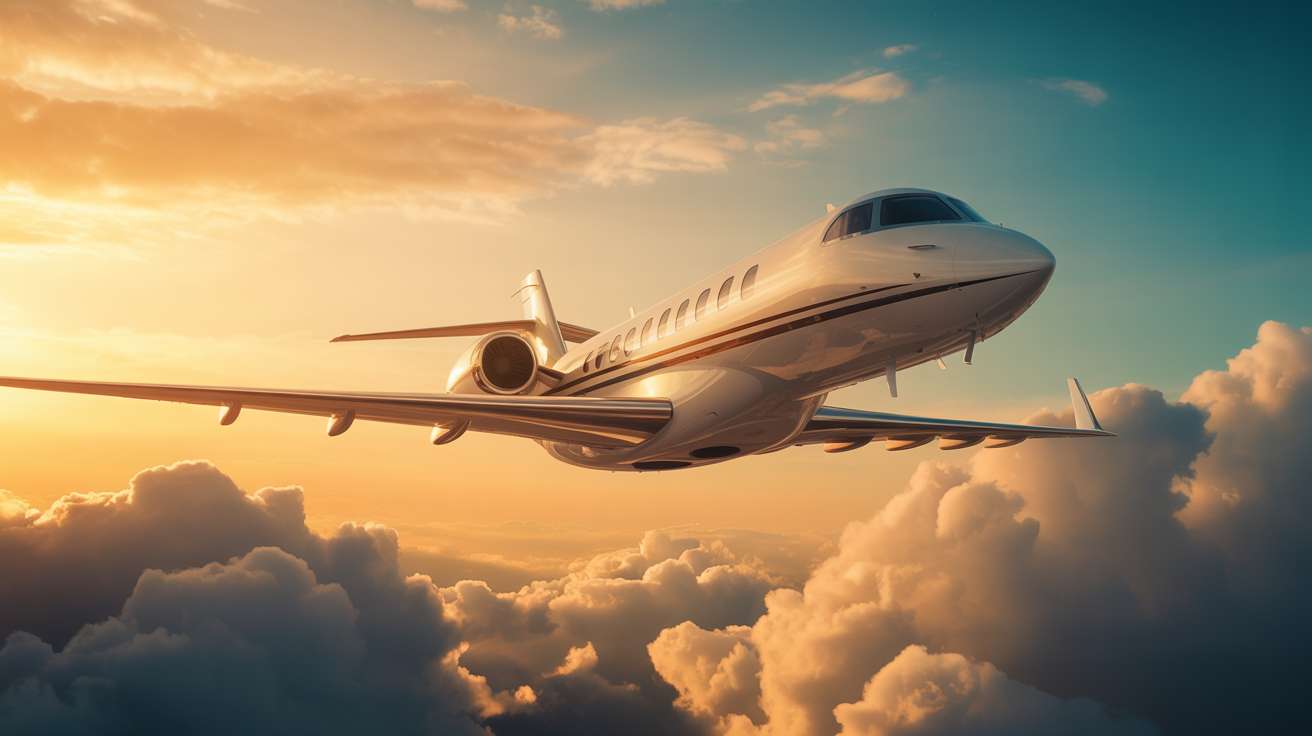 Sleek private jet in flight above dramatic cloud formations at sunset