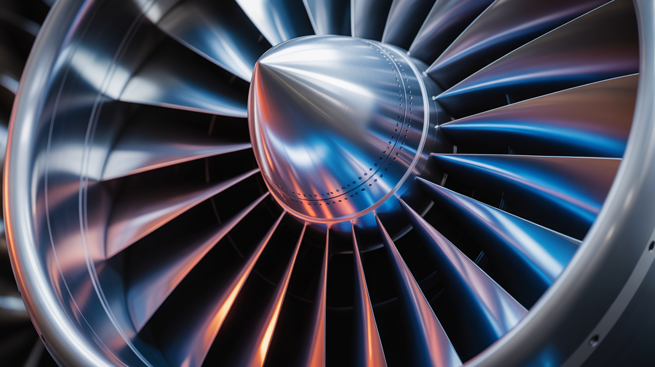 Close-up of polished jet engine turbine blades with vibrant blue and orange reflections